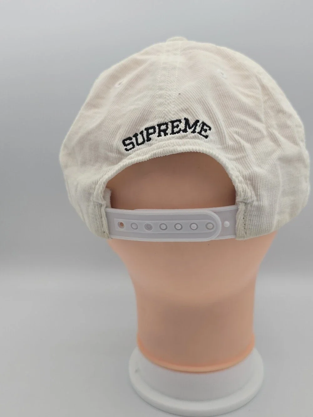 Supreme Cursive Logo White 5 Panel Corduroy Adjustable Snapback Hat